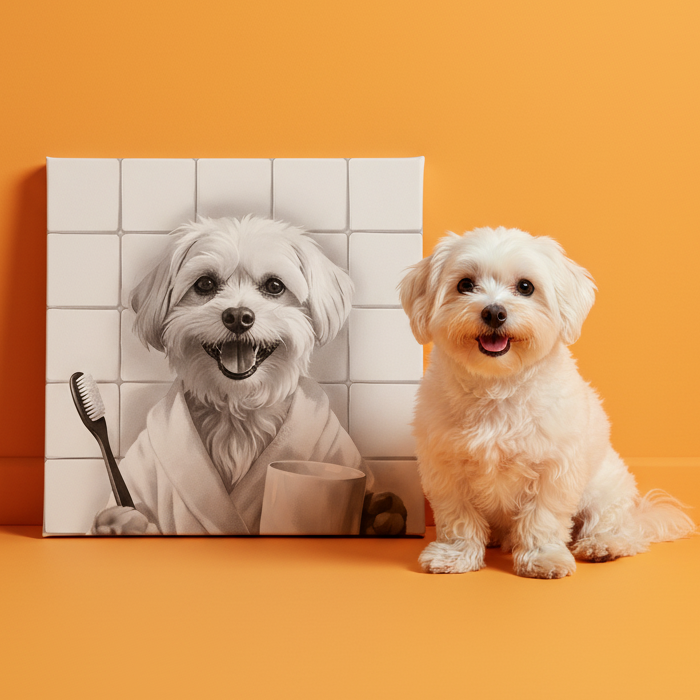 Gepersonaliseerd huisdierportret in de badkamer met tandenborstel