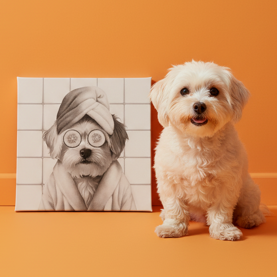 Gepersonaliseerd huisdierportret in de badkamer met komkommerschijfjes