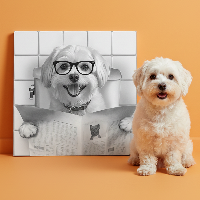 Een gepersonaliseerd huisdierportret in de badkamer met een krant op het toilet.