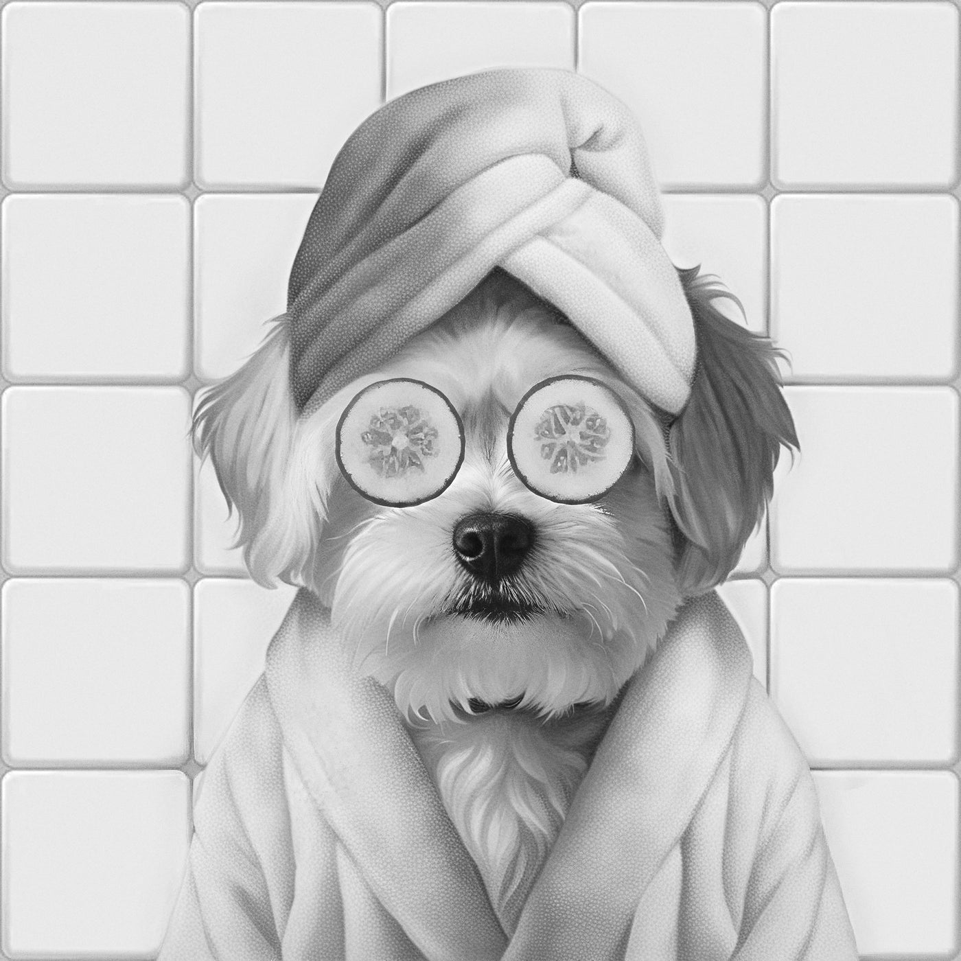 Gepersonaliseerd huisdierportret in de badkamer met komkommerschijfjes