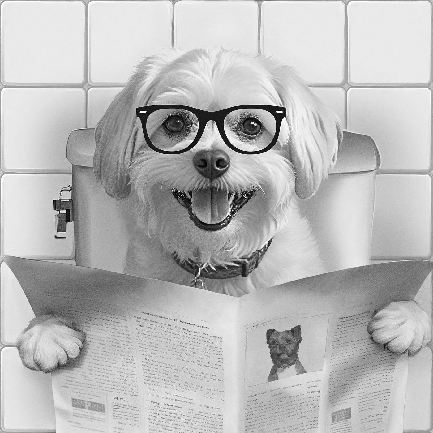 Een gepersonaliseerd huisdierportret in de badkamer met een krant op het toilet.